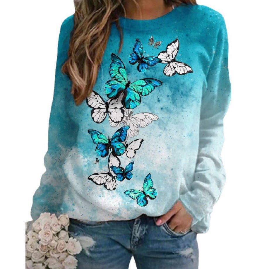 Flower Butterfly Round Neck Sweatshirt Female smart safari