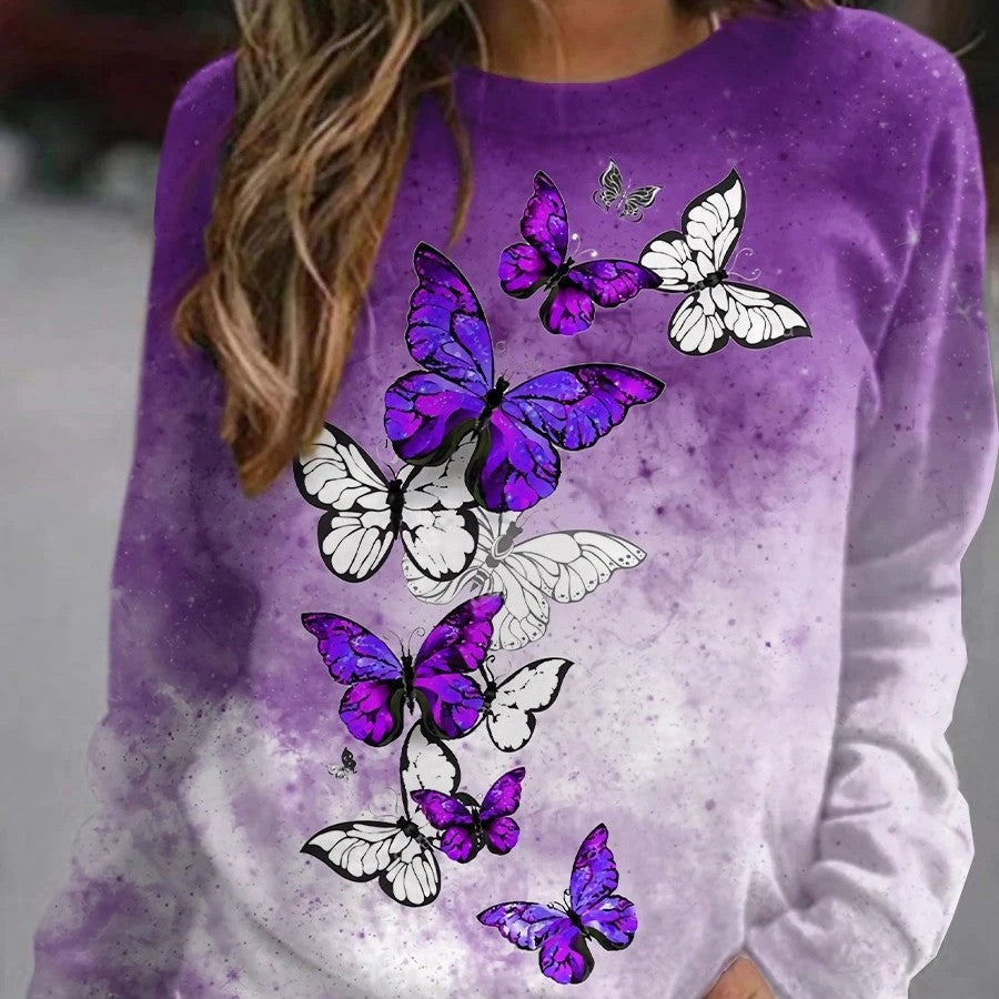 Flower Butterfly Round Neck Sweatshirt Female smart safari