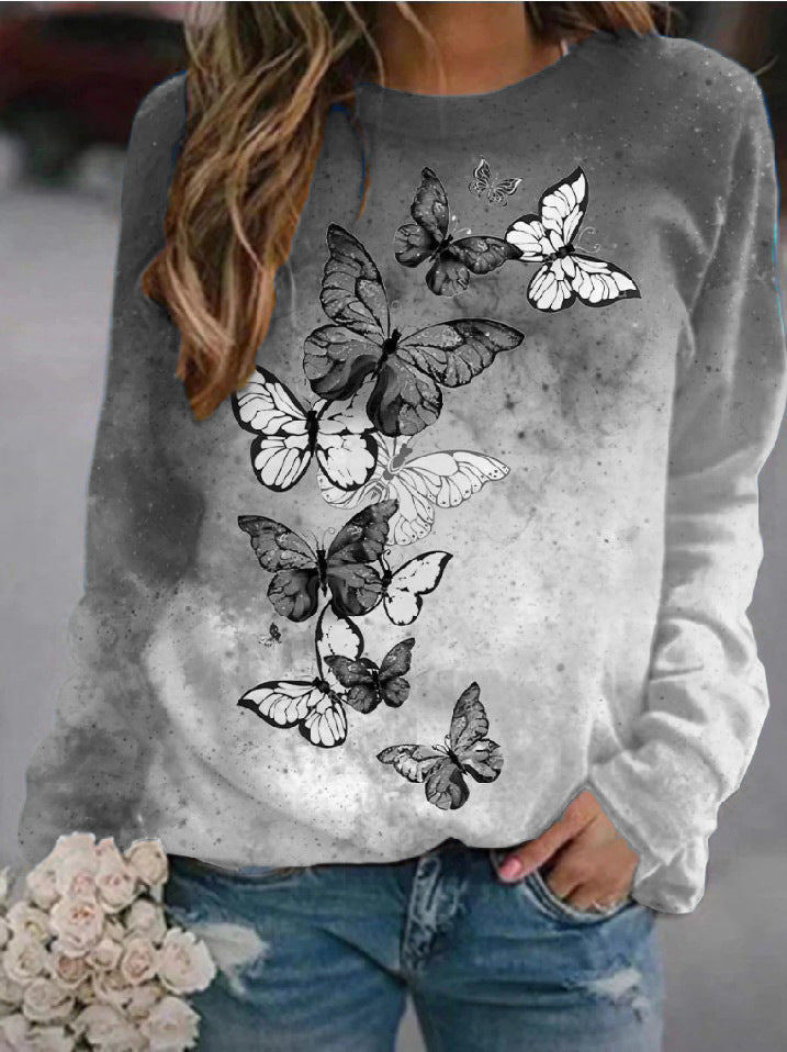 Flower Butterfly Round Neck Sweatshirt Female smart safari