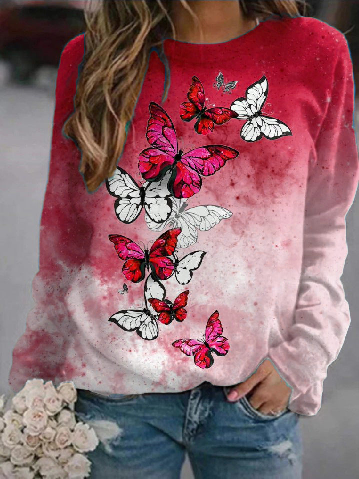 Flower Butterfly Round Neck Sweatshirt Female smart safari