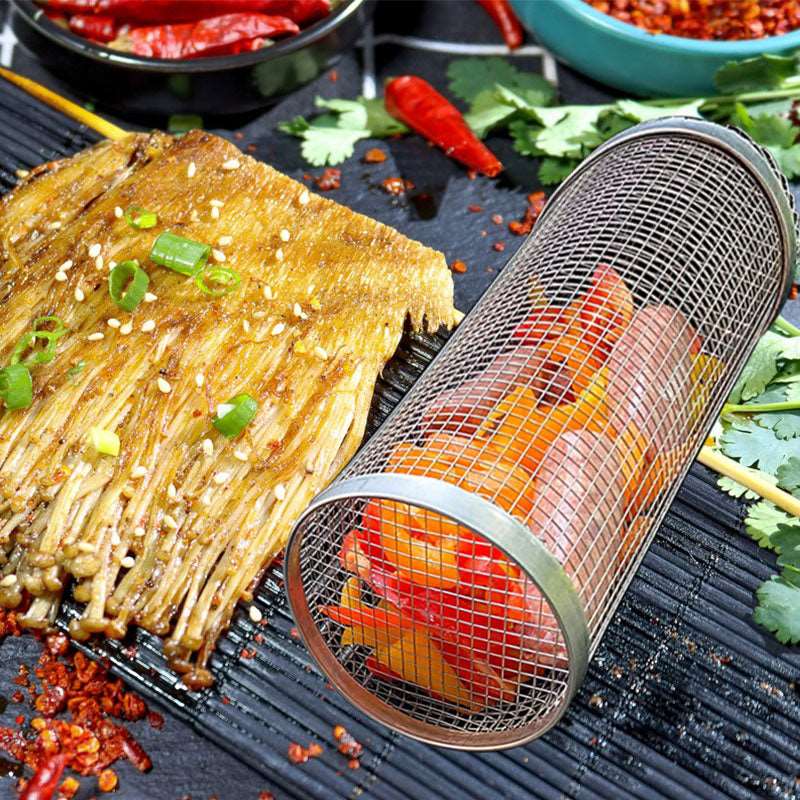 Rolling Grilling Basket Metal BBQ Barbecue Basket Net Portable Outdoor Camping Barbecue Rack Kitchen Gadgets smart safari