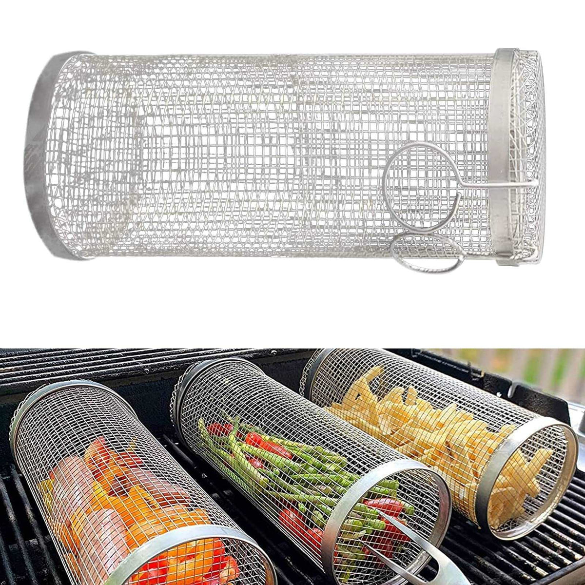 Rolling Grilling Basket Metal BBQ Barbecue Basket Net Portable Outdoor Camping Barbecue Rack Kitchen Gadgets smart safari