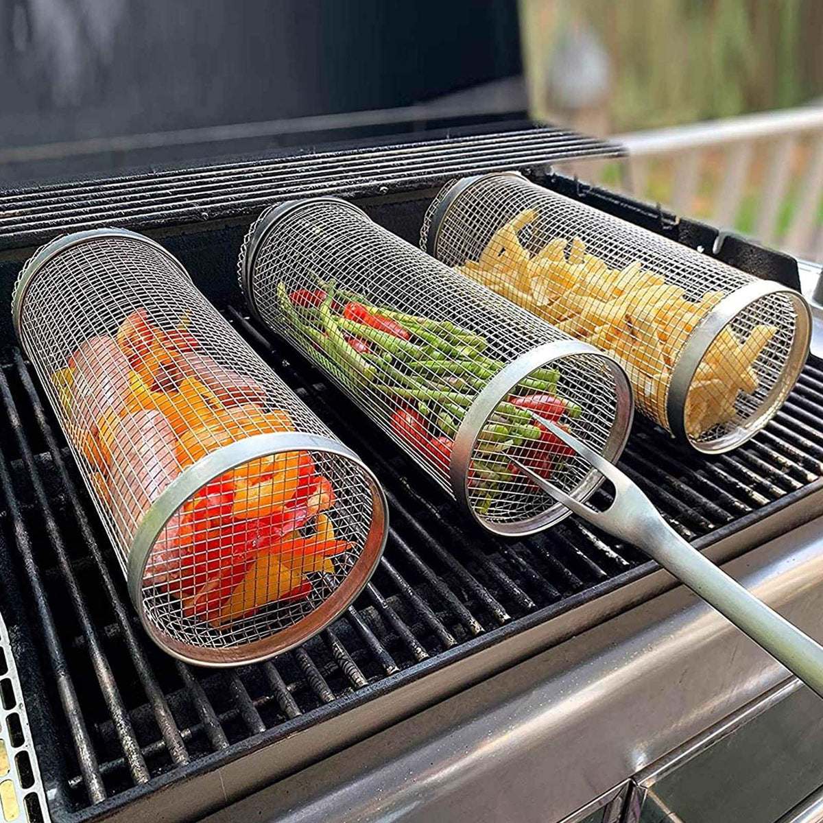 Rolling Grilling Basket Metal BBQ Barbecue Basket Net Portable Outdoor Camping Barbecue Rack Kitchen Gadgets smart safari