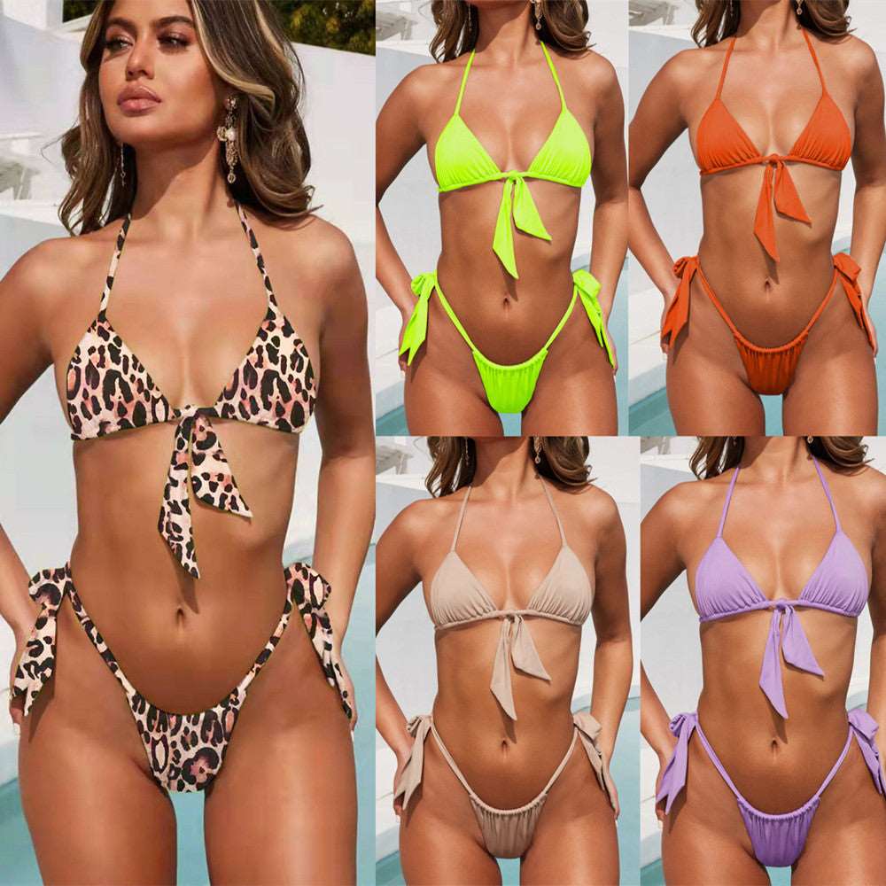 Triangular Solid Color Beach Girl Bikini Swimsuit smart safari