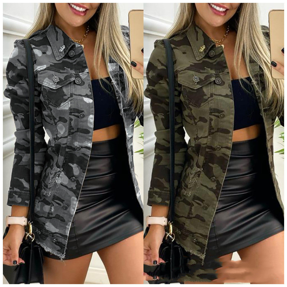 Women's Camo Solid Color Casual Jacket smart safari