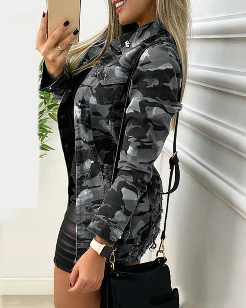 Women's Camo Solid Color Casual Jacket smart safari