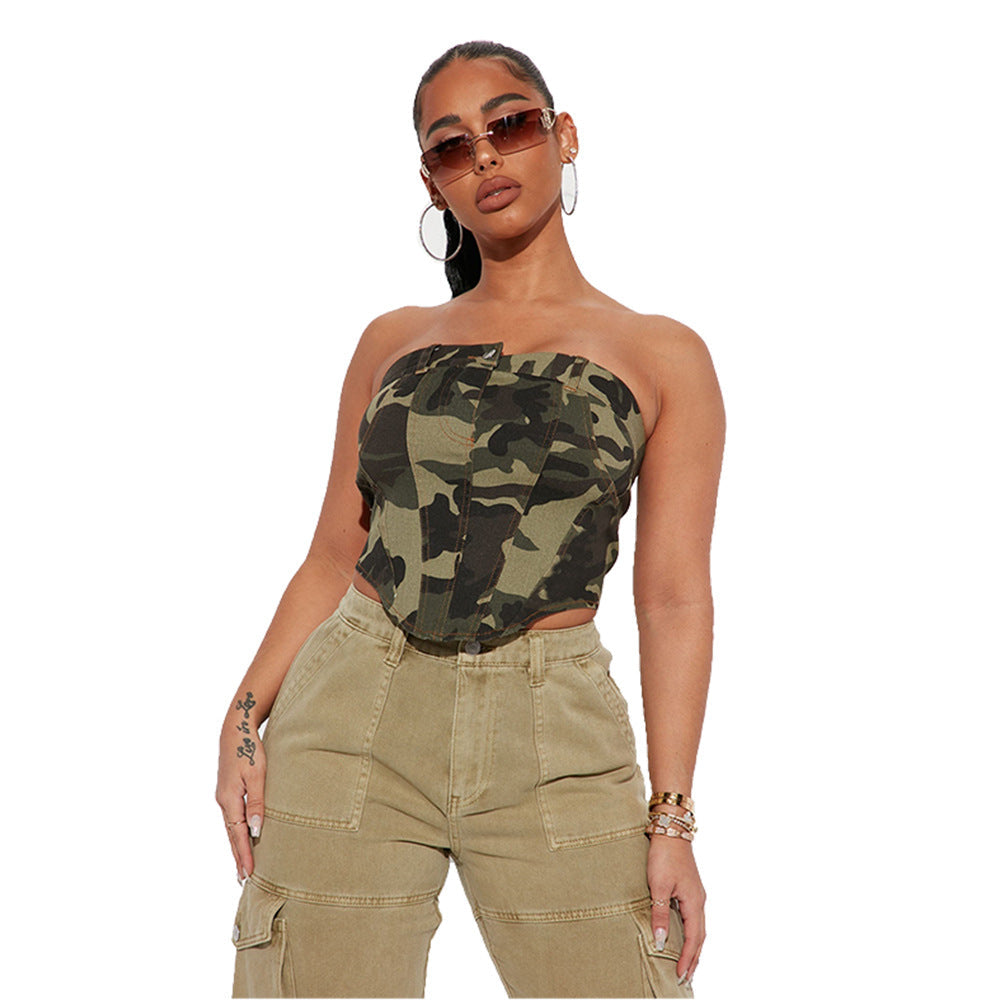 Women's Fashion Camo Zipper Wrap Top smart safari