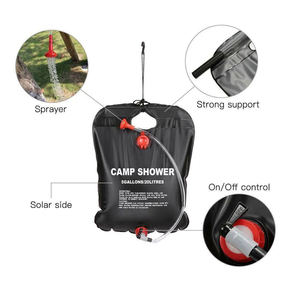 20L Camping Shower Portable Compact Solar Sun Heating Bath Bag Outdoor Travel smart safari