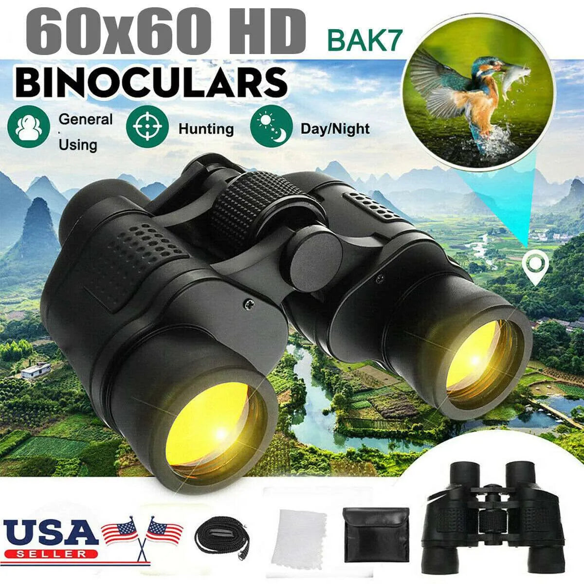 60x60 High Power Binoculars With Coordinates Portable Telescope LowLight Night Vision For Hunting Sports Travel Sightseeing smart safari